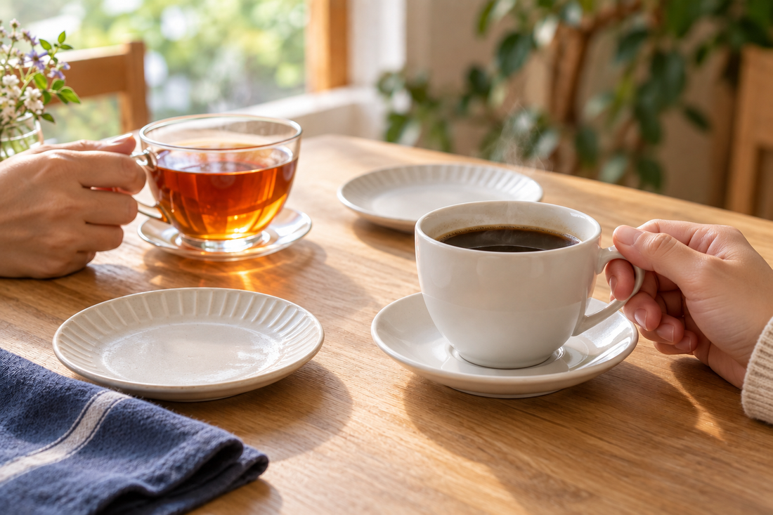 食後にコーヒーと紅茶を楽しむ、木のテーブルでのくつろぎの時間